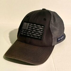 Columbia PFG Black and Grey FlexFit Fishing Stars and Stripes Flag Hat L/XL EUC